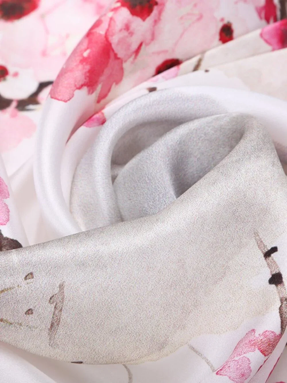100% Silk Scarf, Oblong, Cherry Blossoms, White